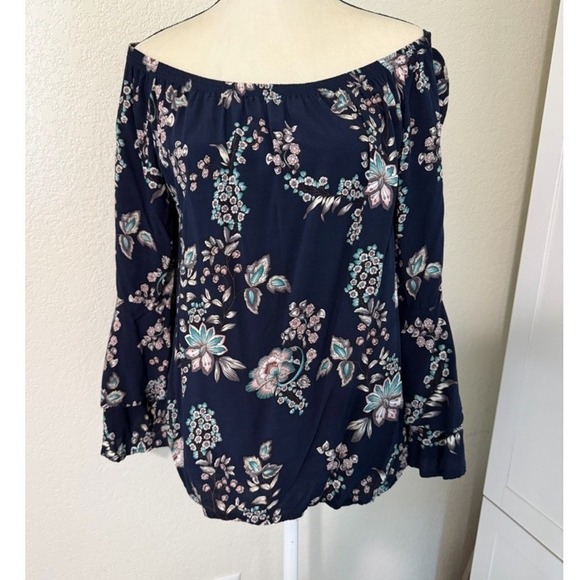 Solitaire Tops - Solitaire Navy Blue Floral Off The Shoulder Bell Sleeve Blouse Top Medium